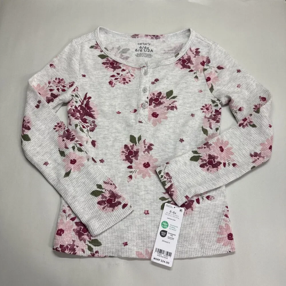 Carters Girls Sz 6/6x Thermal Waffleknit Grey Pink Floral Long Sleeve Shirt